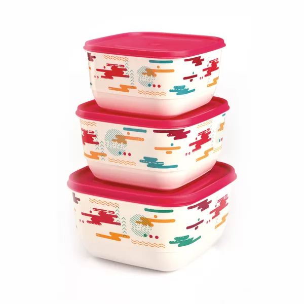 Trendy Square Colored Food Saver With Iml Design 3 Pcs Set (1,9 L + 2,6 L + 3,6 L )